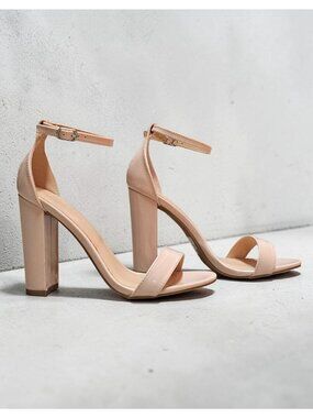 Nude Block Heel Sandals With Ankle Strap Patent Leather Finish Open Toe Design W
